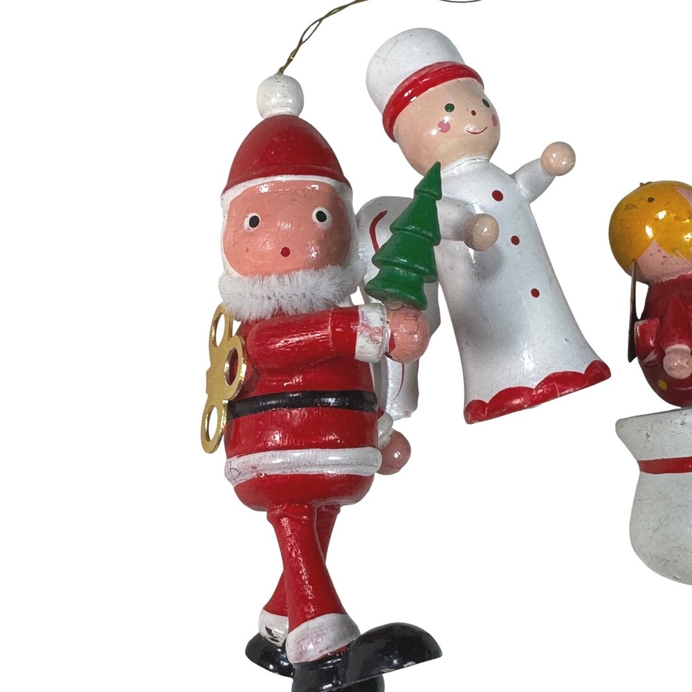 Vintage Wooden Santa‎ Angel Child Christmas Ornament Set Wind Up